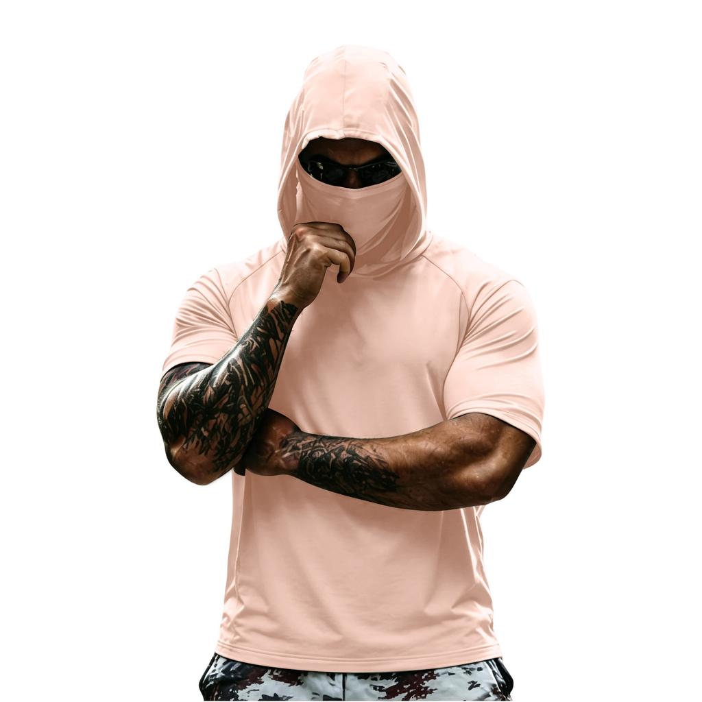 Men Hooded Short Sleeve T Shirt Lightweight Pullover Athletic Workout Top Quick Dry Raglan Tee for Sports Gym Running Training