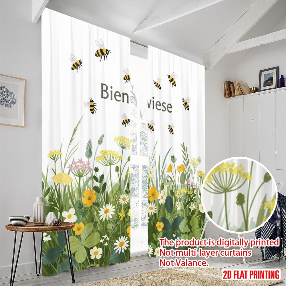 2 Stück 2D-Flachdruck Fensterbehandlung Vorhänge Bienenwiese Blumen Bienen Polyester Ohne Strom 0 für Alle Anlässe
