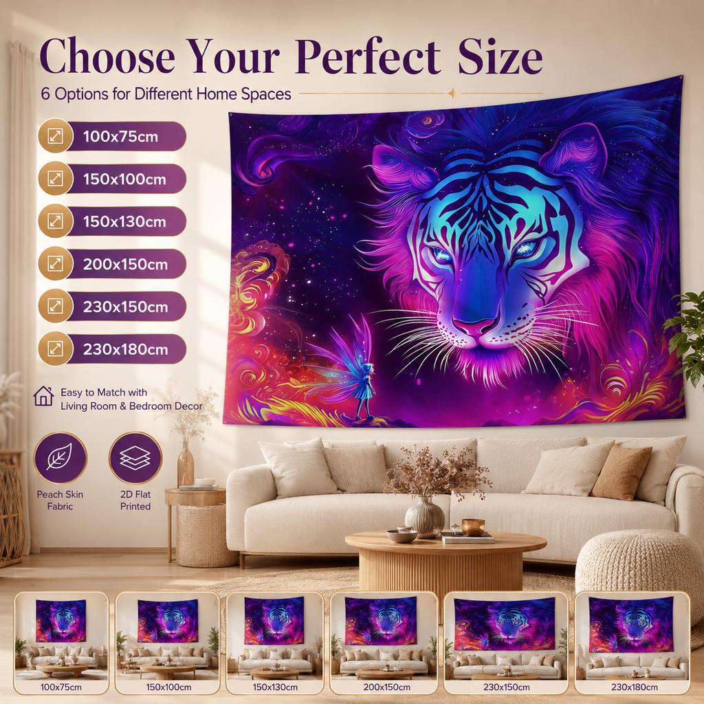 Mystical Neon Tiger Tapestry 2D Flat Printed Peach Skin Wall Hanging Fantasy Fairy Cosmic Background Cloth for Bedroom Decor
