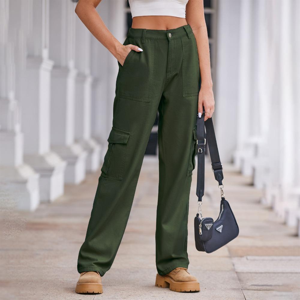 Women's Elastic Waist Straight Leg Long Denim Cargo Pants Street Style Washed Denim Cargo Trousers