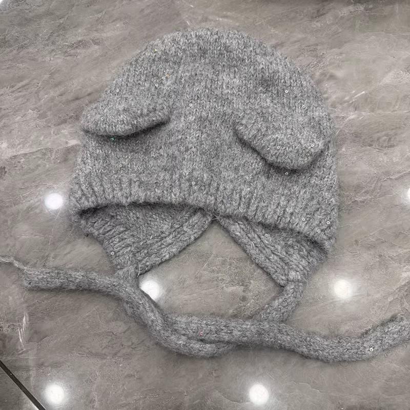 Custom-woven and Dyed Starry Sky Sequins Wool-blended Bear Ears Knitted Ear Protection Hat Women's Autumn and Winter Wool Hat Baotou Hat