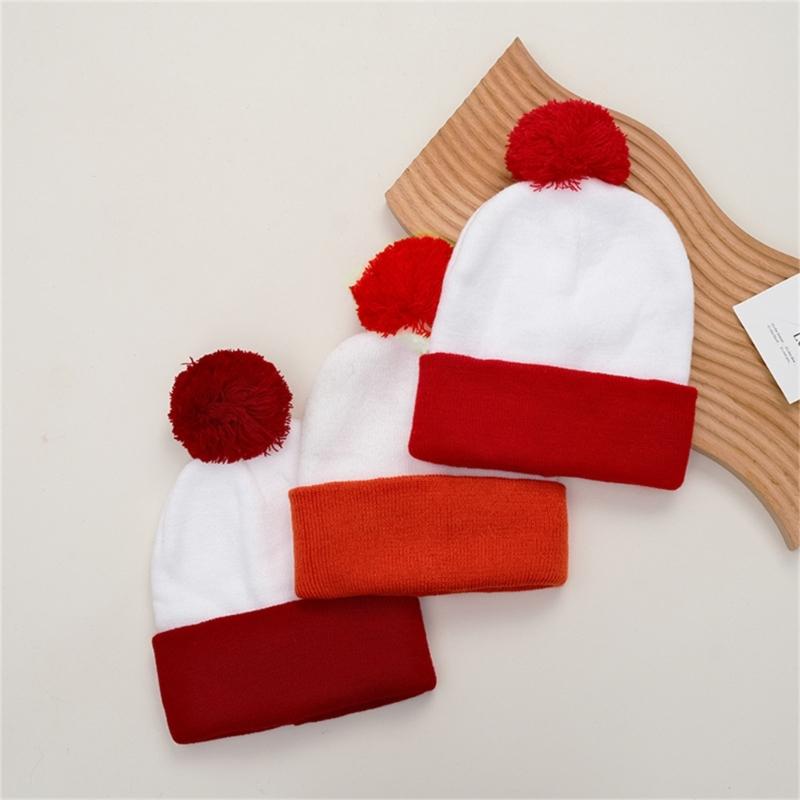 Soft Knitted Hat Color Contrast Stretchy Pullover Hat for Holiday Celebration Family Gathering Photography Pompoms Hat