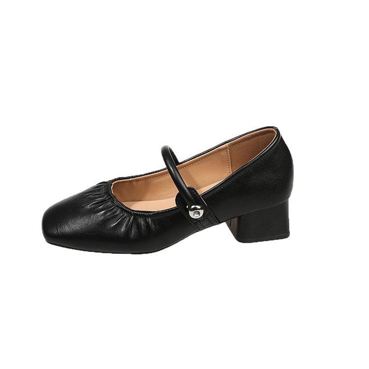 Soft Leather Women's Shoes with Single Shoes, New Spring Mid-heel Square Head Mary Jane Cheongsam Leather Shoes with Soft Soles