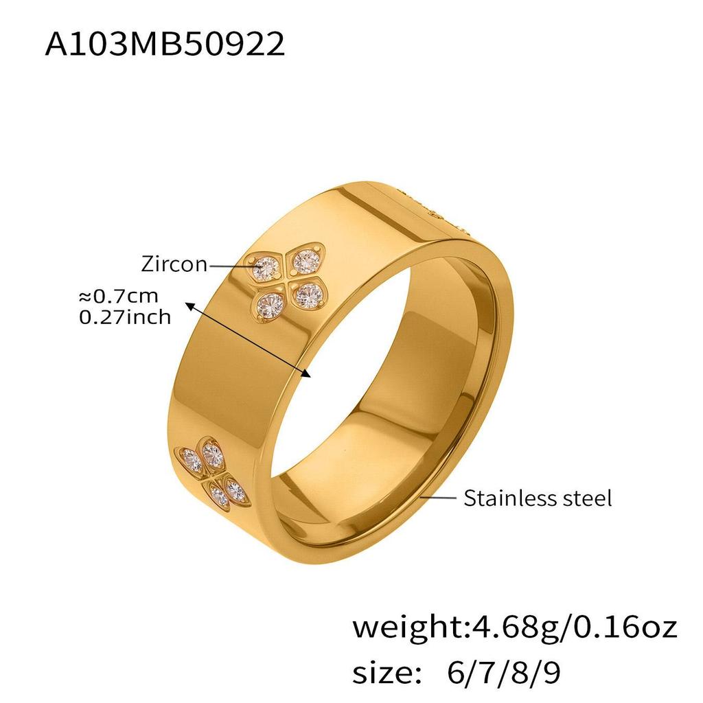 18K Gold-Plated Stainless Steel Prong-Set Plum Blossom CZ Ring - Simple, Non-Fading Fashion Jewelry