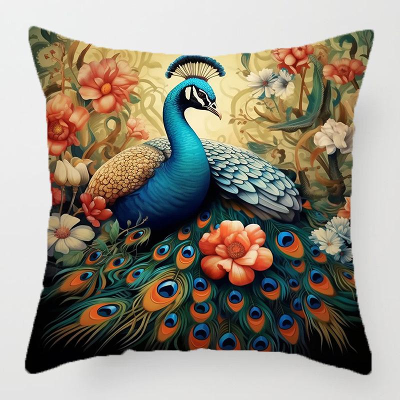 Retro Pfauenblumenmuster Kissenbezug für Wurfkissen mit Kurzplüschdruck Wohnzimmer Sofa Dekoration Kissenbezüge