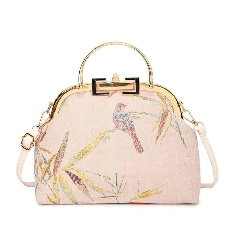 Boho Chic Floral Embroidered Shoulder Bag for Women Metal Handle Purse with Chain Strap Party Gift