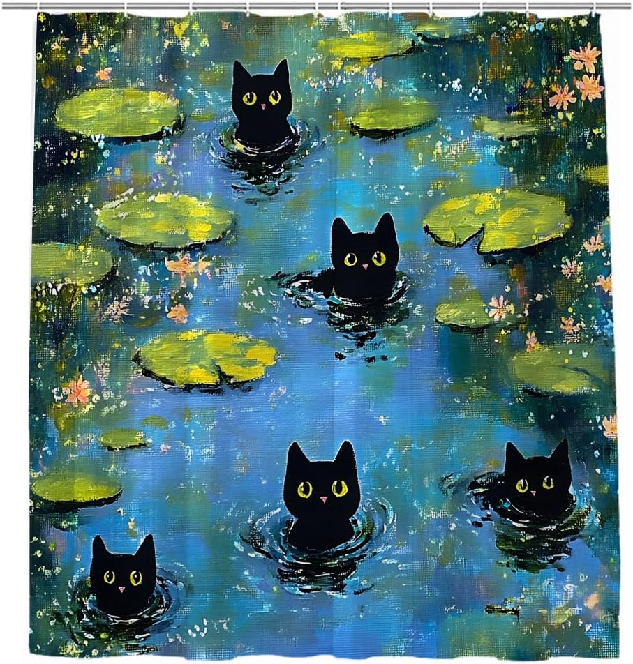 

Funny Black Cat Shower Curtain Lotus Leaf Whimsical Cute Animal In Lily Pond Charming Water Scene Lilies Lily Cute Pet Nature W60H190(CM)-1 Pcs