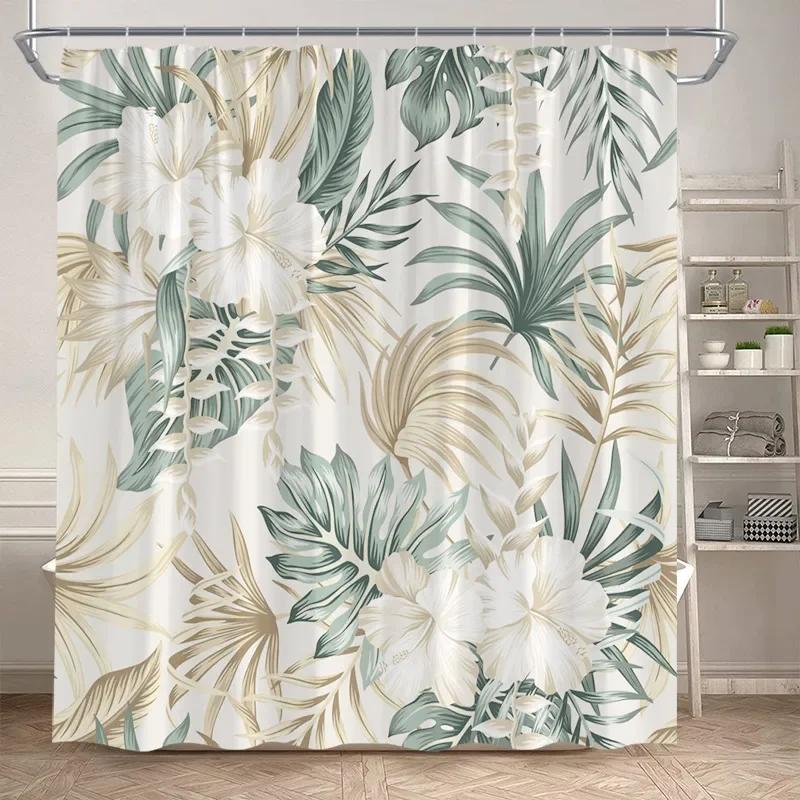 Leaves Shower Curtain Green PTropical alm Leaf Monstera Plant Bath Curtains Set Polyester Fabric Home Bathroom Decor with Hooks