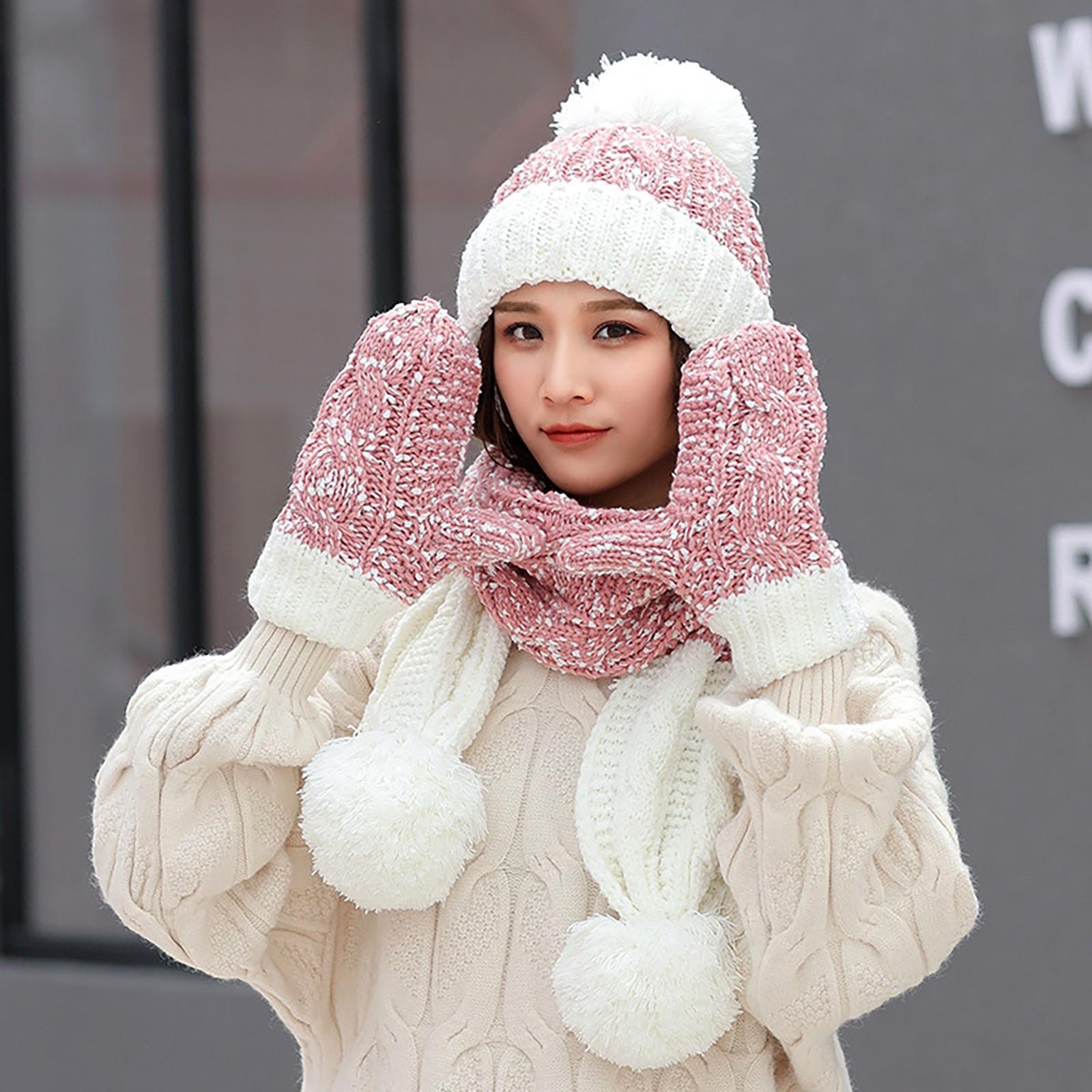 

Жіноча зимова тепла багатобарвна в язана шапка+шарф+рукавички набір з 3 предметів One Size рожевий