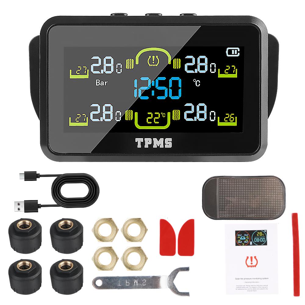 Car Tyre Pressure Monitor With 4 External Sensors Temperature Warning Fuel Save Tire Pressure Monitoring System Solar TPMS T14-1