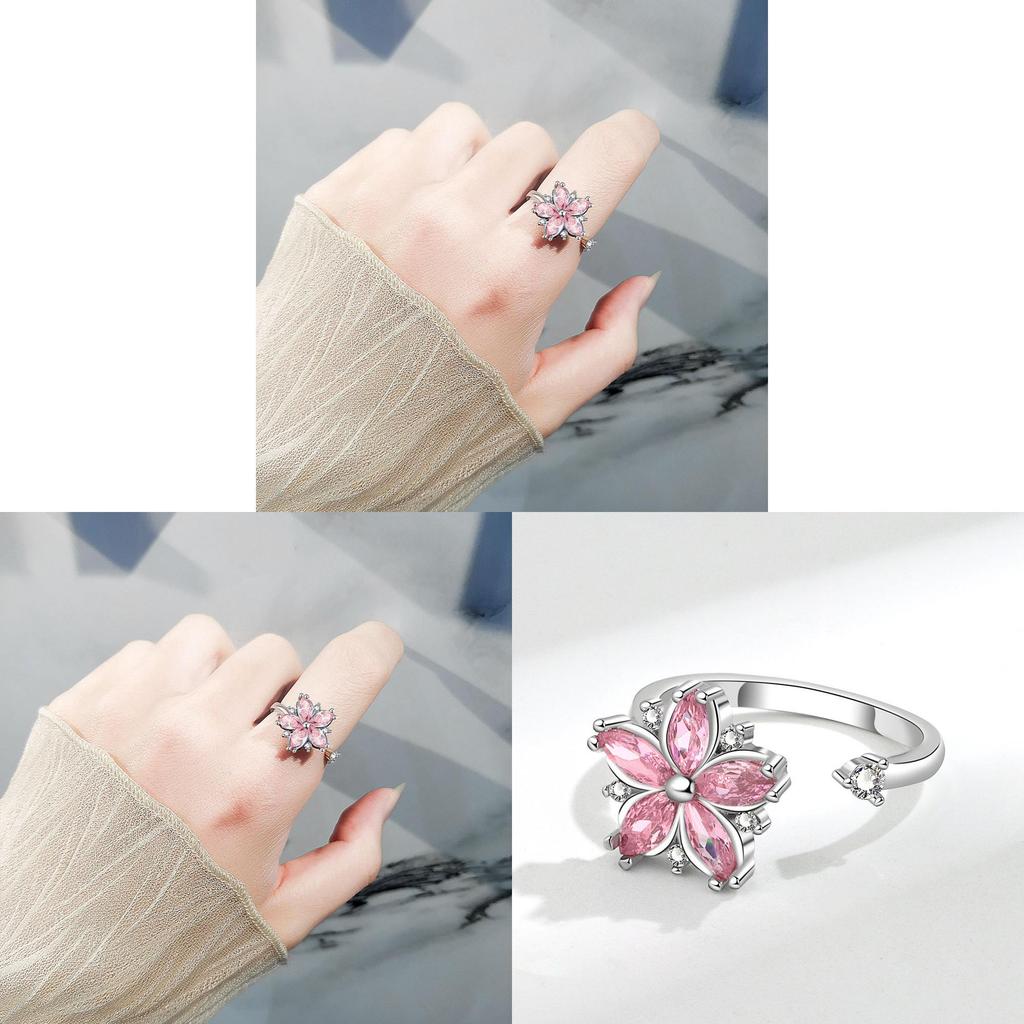 Flower Ring Adjustable Copper Jewelry For Women With Zirconia And Pink Blossom Design