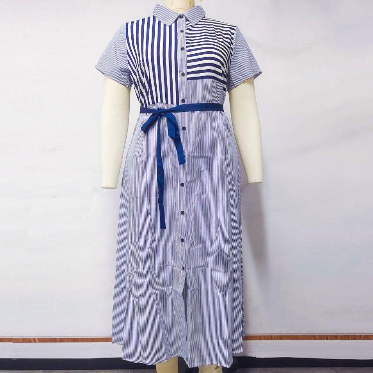 Plus Size Women Summer Striped Short Sleeve Tie Shirt Dress XL 2XL 3XL 4XL