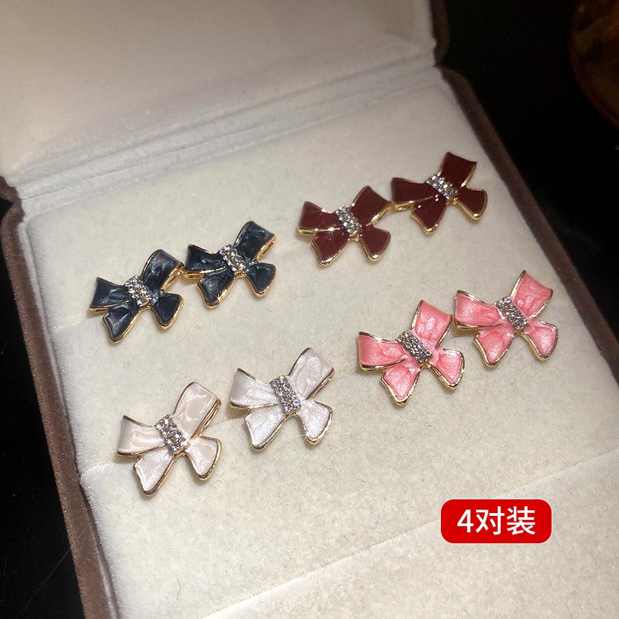 Rhinestone Bow Stud Earrings 4 Pairs Set Vintage Elegant Luxury Jewelry for Women