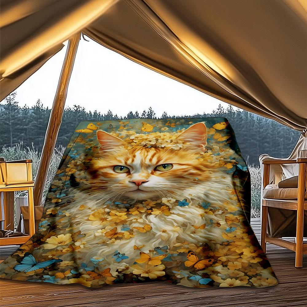 1pc Floral Cat Butterfly Print Outdoor Flannel Blanket , Machine Washable Perfect Gift for Birthday , Holiday Travel Accessory , Durable Material