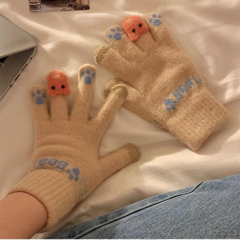 Cute Plush Gloves New Winter Thick and Warm Touchable Screen Knitted Yarn Cycling Cold Proof Gloves Targeting Students in Winter