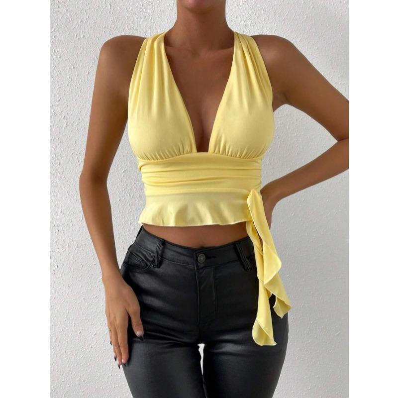 Summer Fashion Women's Casual Deep V Neck Sleeveless Vest Slim Fit Lace-up Backless Crop Tops Elegant Halter Neck Solid Color Casual Simple Tank Tops