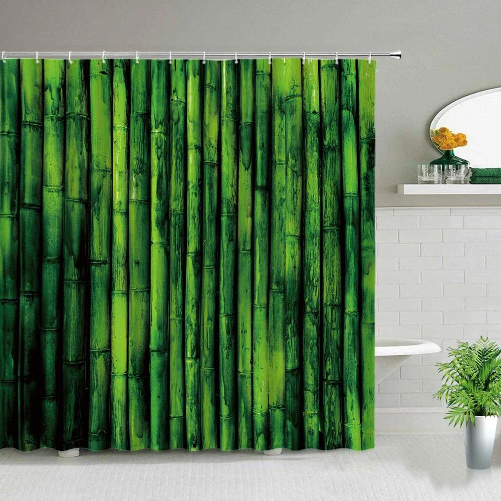 Chinese Style Green Bamboo Series Shower Curtain Set Waterproof Home Bathroom Decor Curtains With Hook Popular Bath Accessories