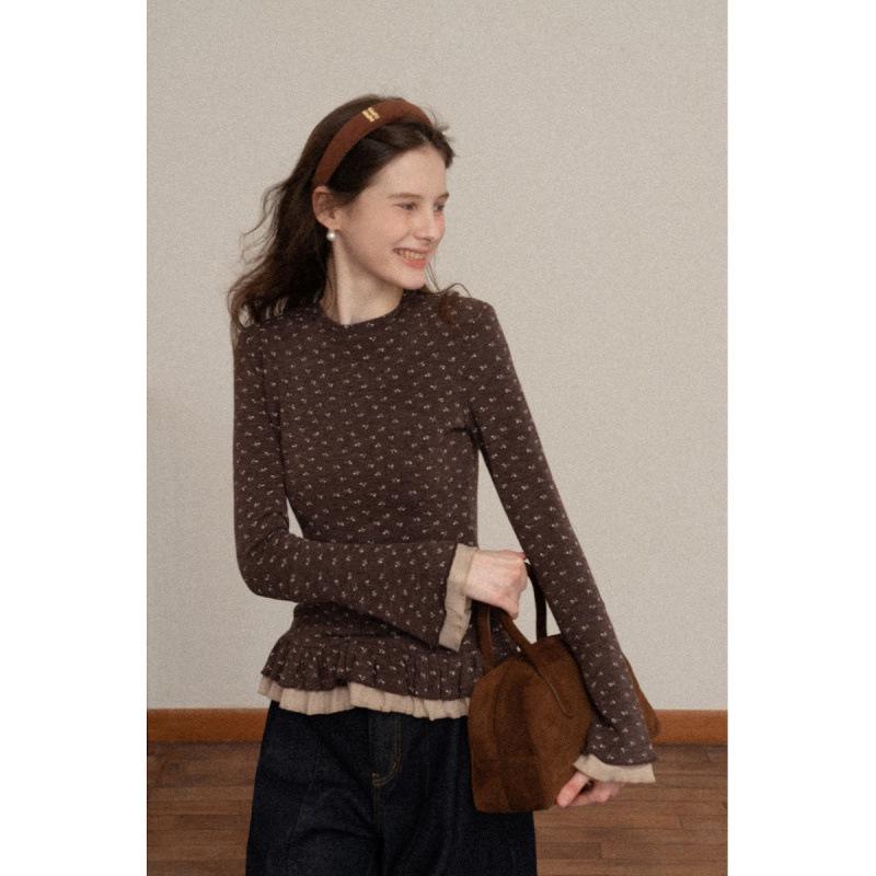 Цветочный кружевной топ с двойными расклешенными рукавами - Ретро стиль Medium кофейный