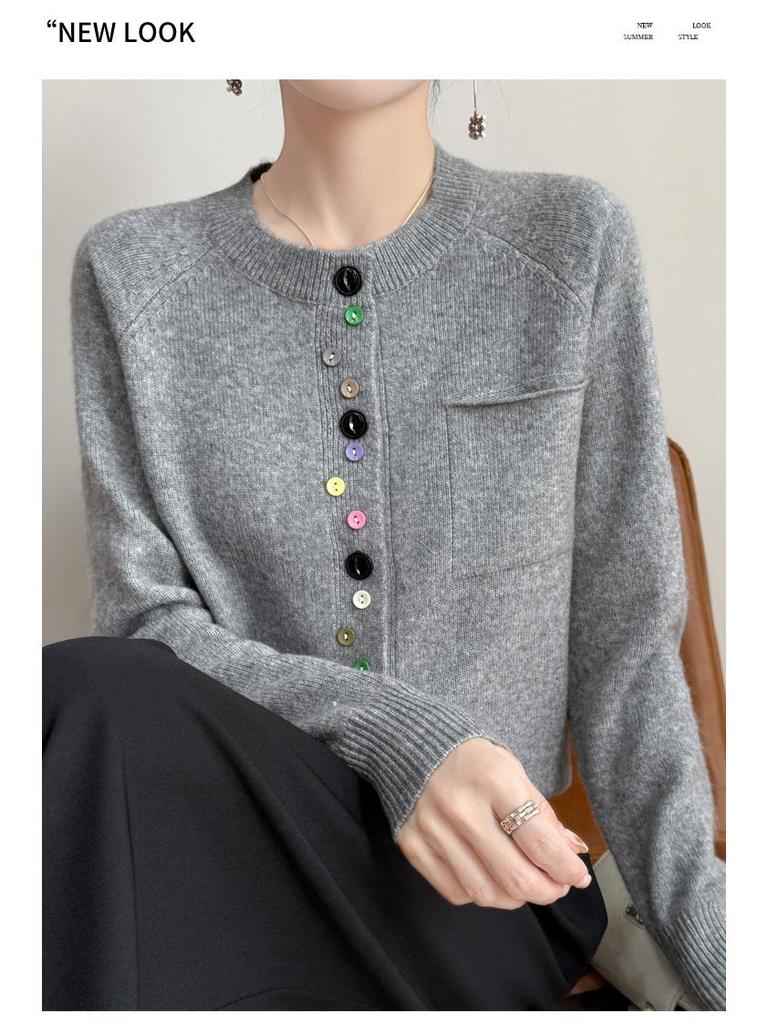 Colorful Button Cardigan: Spring Fashion, Versatile Round Neck, Long Sleeve Knit for Women