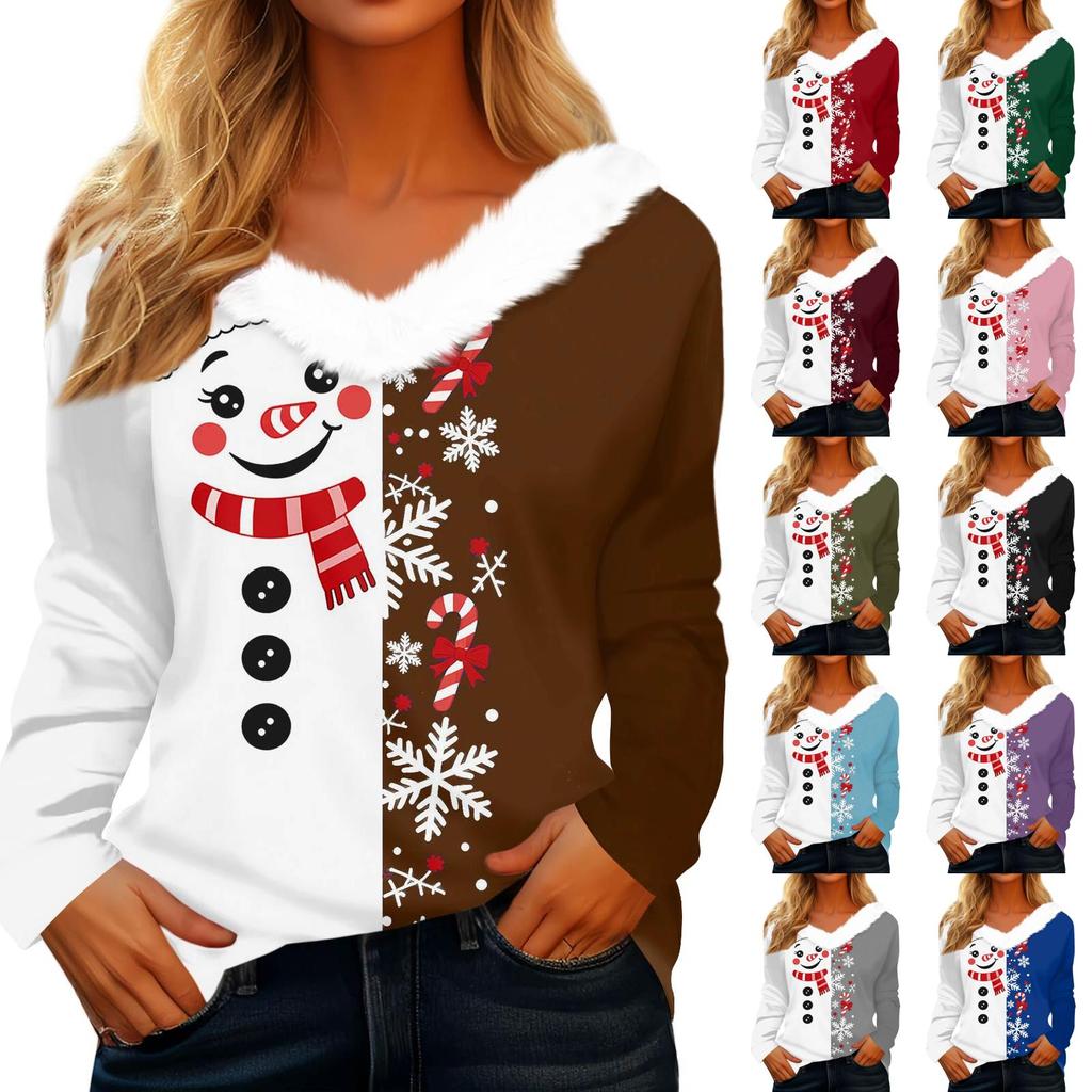 Women's Casual Long Sleeve Christmas Print V-Neck Top with Plush Collar for Holiday Wear