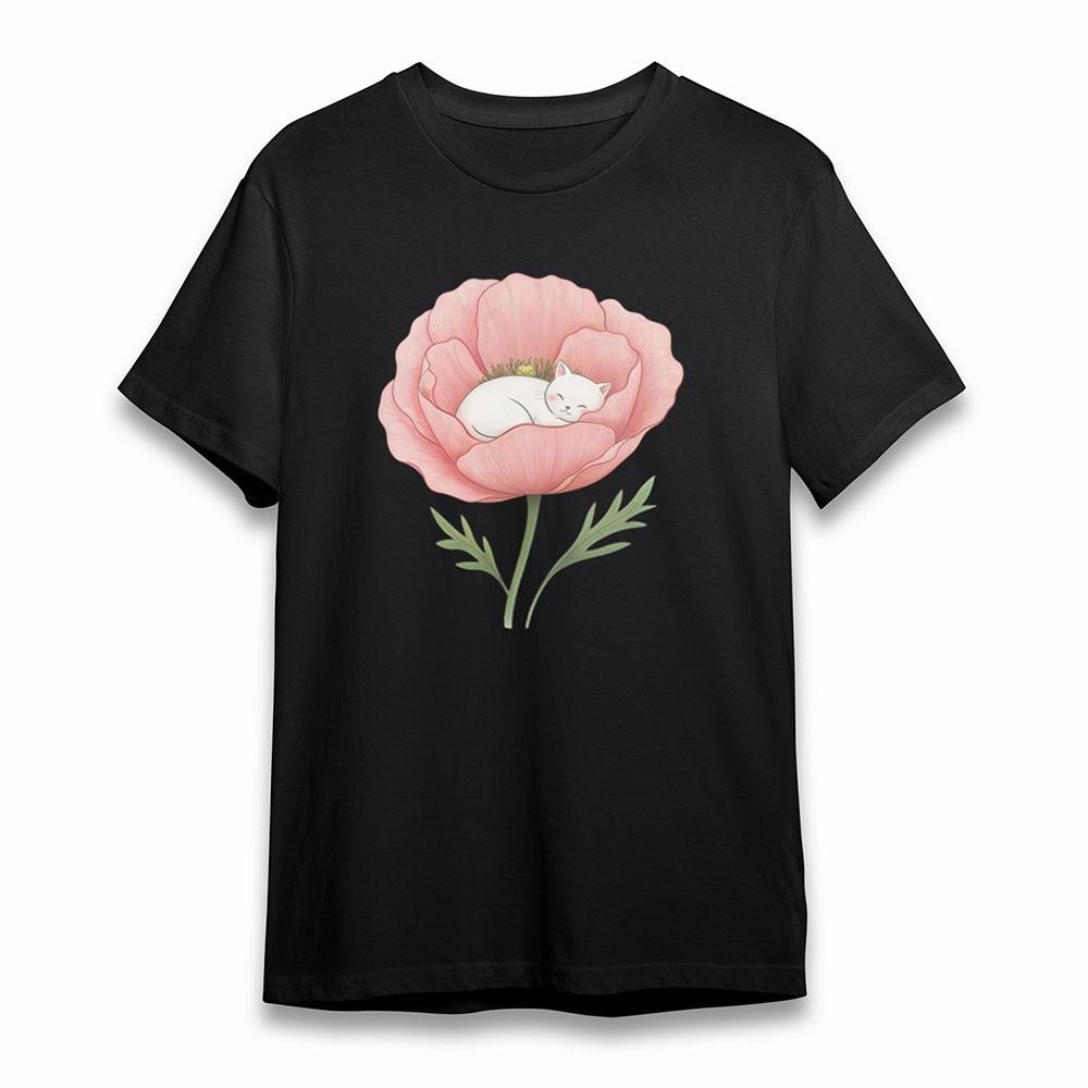 Women's Cotton Soft T-Shirt Sleeping Cat Pink Flower Tee Black Short Oversize
