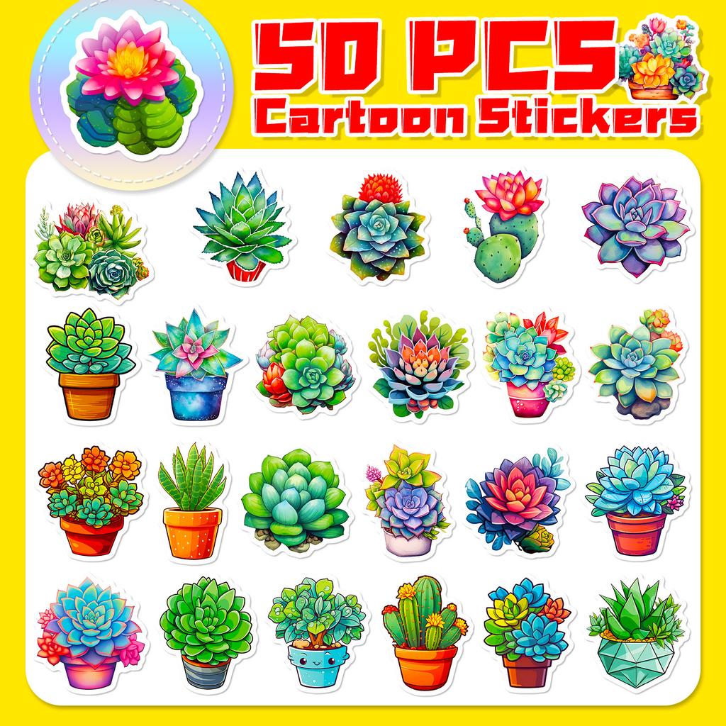 50 Succulent Stickers New Cartoon Ins Wind Succulent Story Series Plant Flowers Graffiti Hand Account Stickers