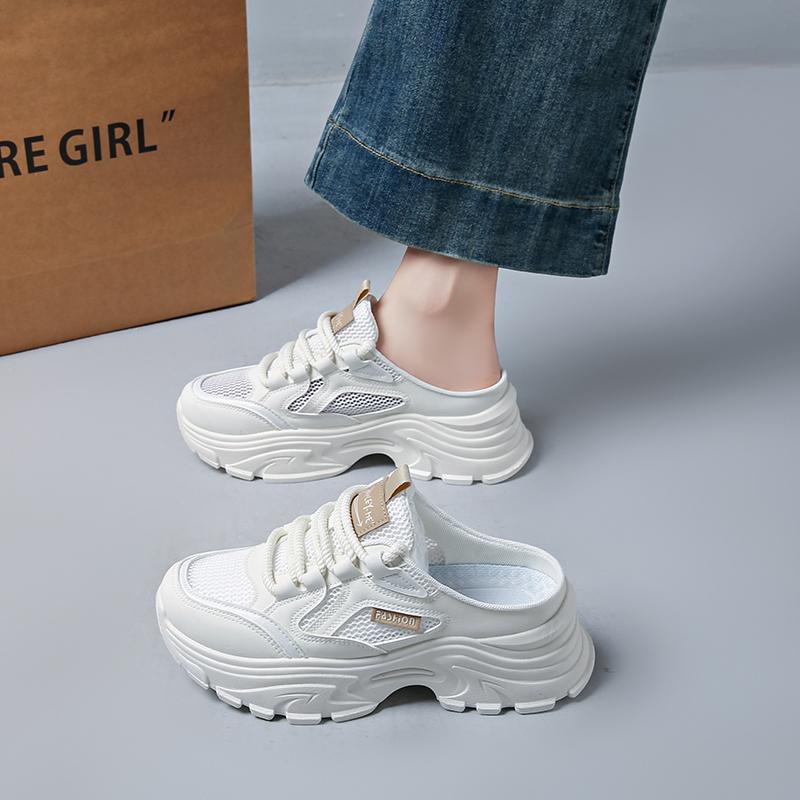 Modne damskie muły z siateczki CRLAYDK na koturnie, wsuwane sneakersy, letnie wygodne mokasyny, codzienne buty do chodzenia na wakacje bez pięty