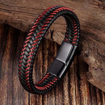Lederseilarmband für Herren Edelstahl geflochtenes Lederarmband Roter Lederschmuck Handgemacht verstellbar
