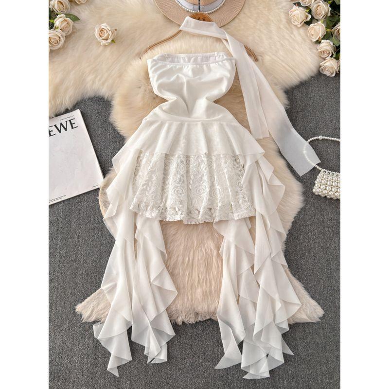French Style Pure Desire Style Tube Top Dress Women's Summer Lace Asymmetrical Ruffles Ribbon Stylish Sexy Skirt