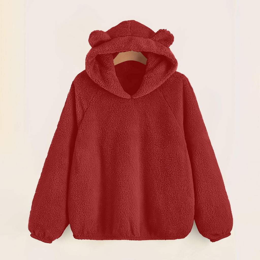 Women's Fashion Long Sleeve Solid Color  Fleece Hooded Warm Sweater Sweatshirt