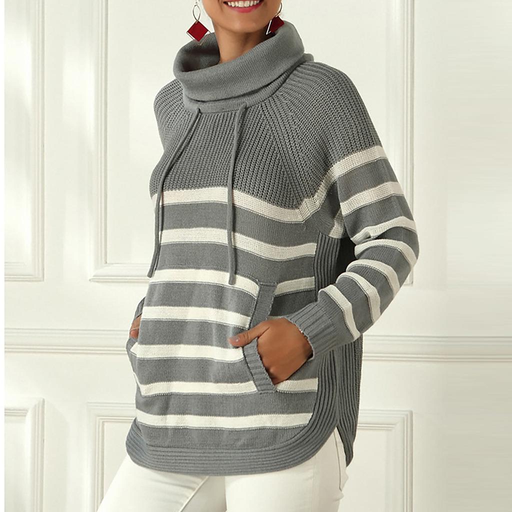 Women's Fashion Loose Classic Warm Winter Striped Turtleneck Long Sleeve Knit Sweater