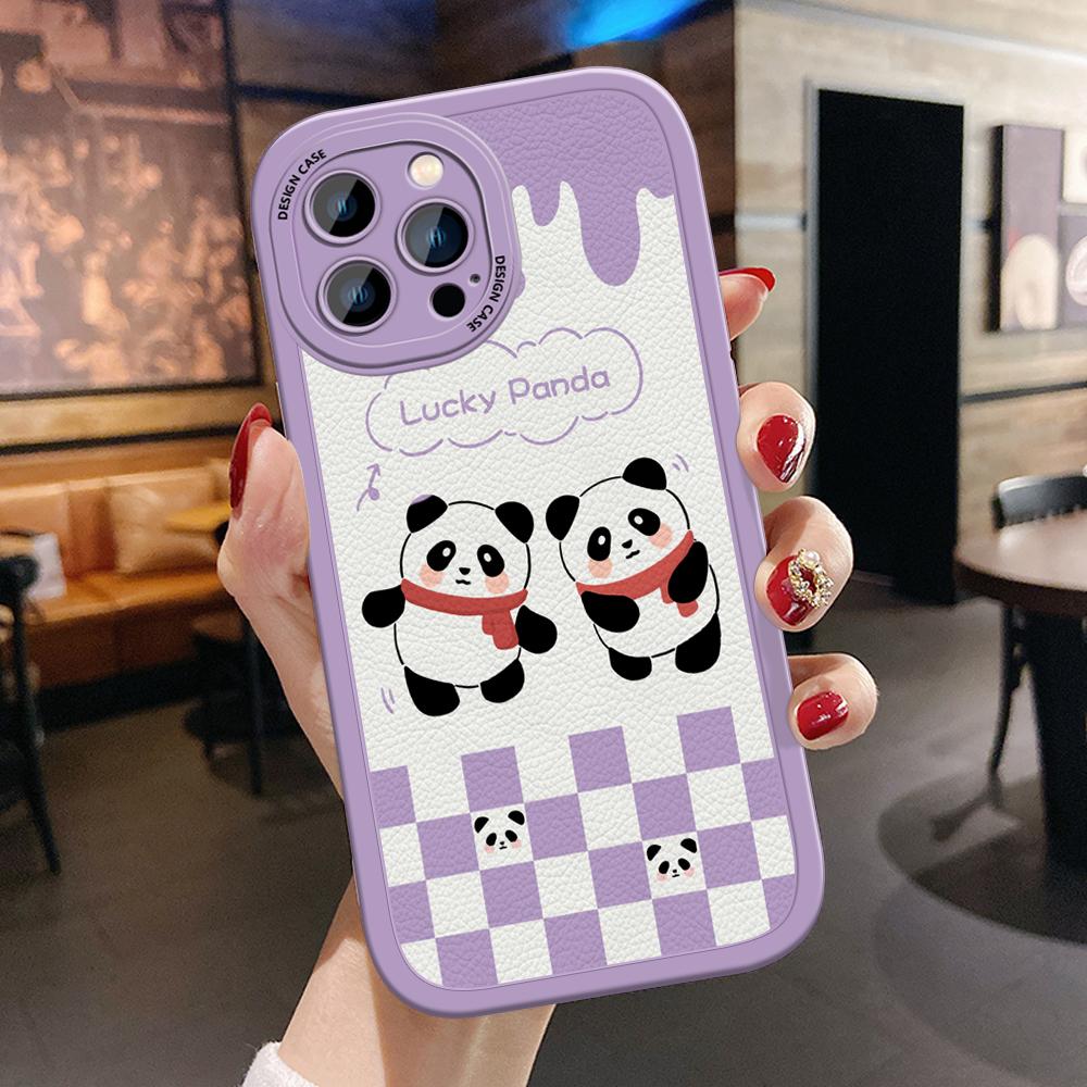 Slim Skin Feeling Cartoon Panda Soft Silicone PU Leather Cover Phone Case for iPhone Samsung Huawei Honor Xiaomi Redmi OPPO Realme Vivo