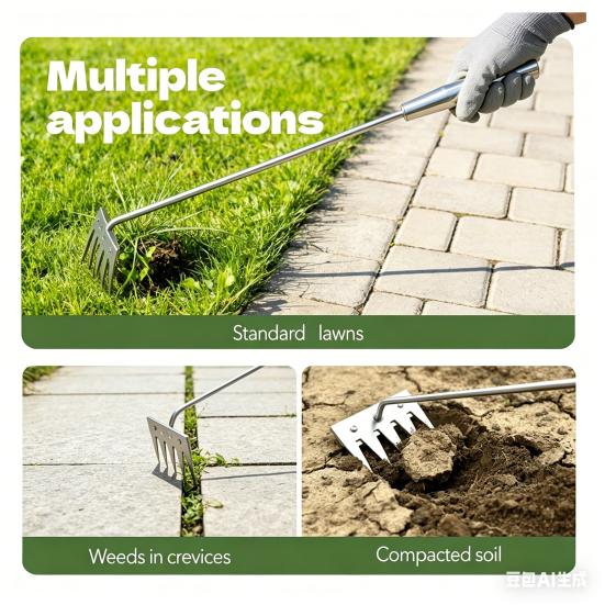 Stainless Steel Weed Remover Tool 5 Teeth Manual Weed Tool Ergonomic Handle Weed Removal Tool for Gardening Backyard Yard Farm Planting Weeding and