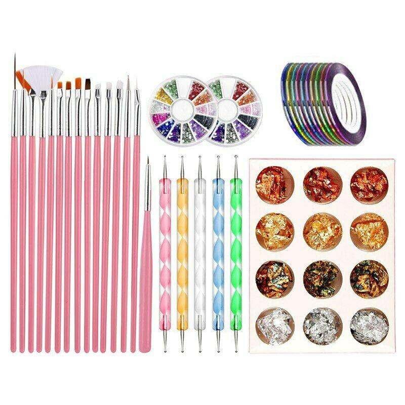 44Pcs Nail Art Set Dotting Brushes Tools Rhinestone Sticker Line Tape Foil Decor