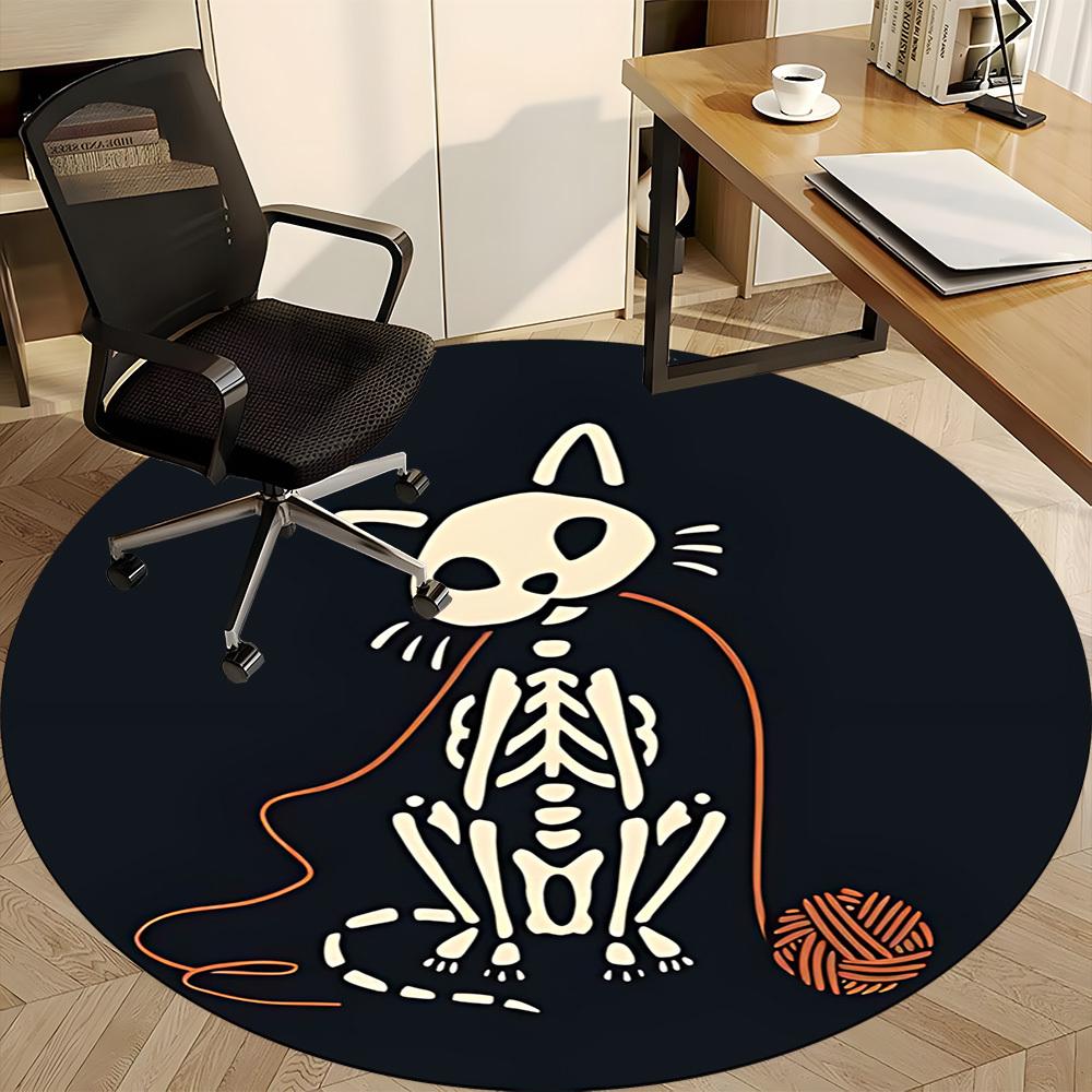 1pc Cat Skeleton Office Round Area Rug, Mat Suitable For Office, Under Office Chairs Bedroom Living Room Home Decor, Room Deco