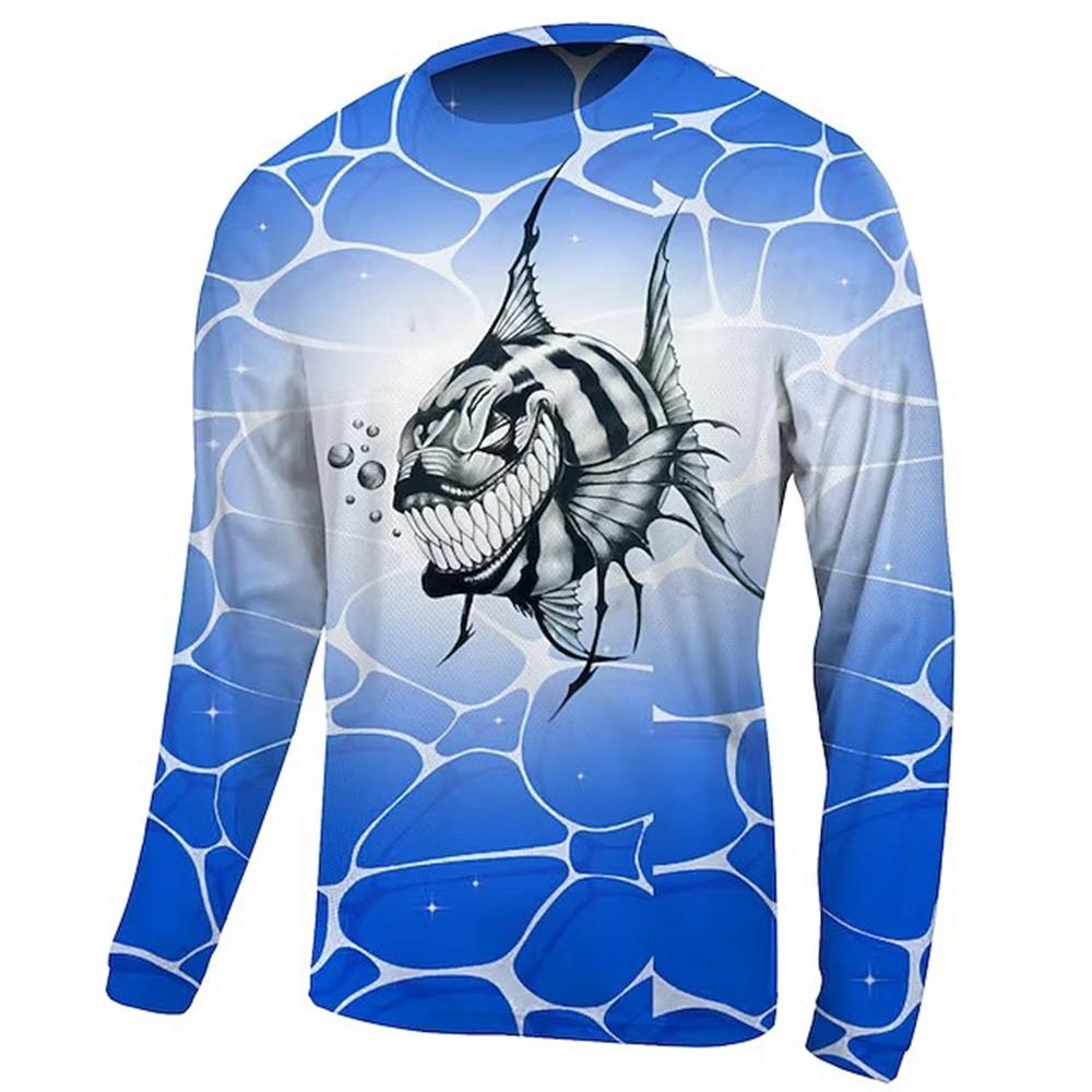 2024 Men's Fishing Shirt Long Sleeve Piranha Sea Wave Print Outdoor Running Training Breathable O Neck T-Shirt Fishing Clothing