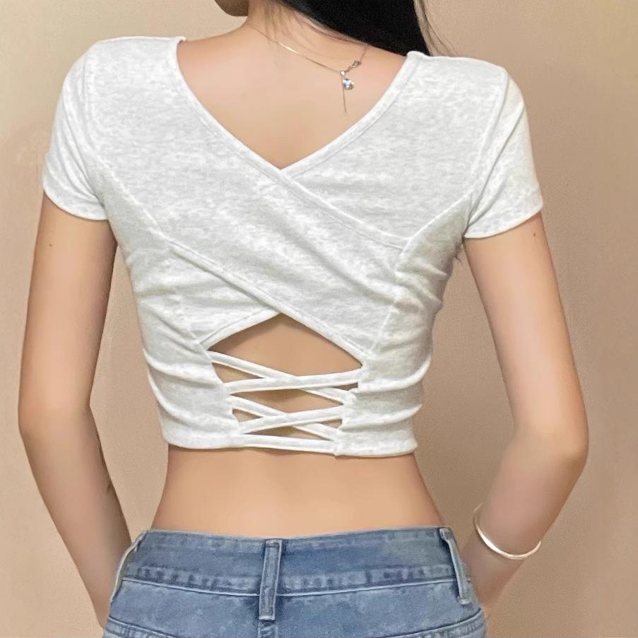 Elegant Summer Women's Short-Sleeve T-Shirt with Open Back and Chest Pads