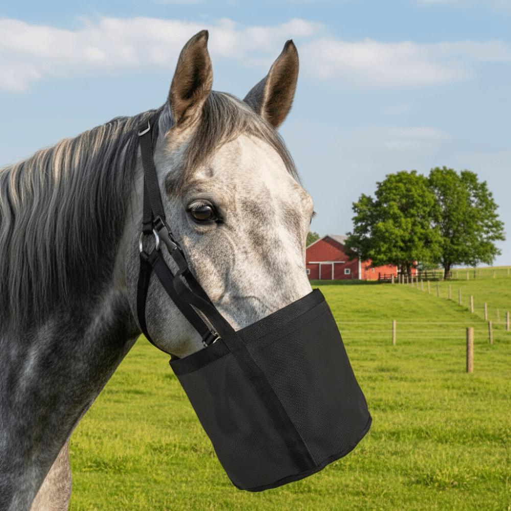 Mehrfarbiger Auslaufsicherer Pferdefutterbeutel Elastisch Verstellbar Weide-Maulkorb Netz Atmungsaktiv Heufuttertasche Weidegang