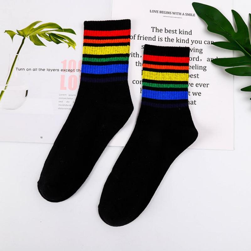 Ladies Spring Rainbow Thick Pinstripe Skateboard Mid Tube Socks