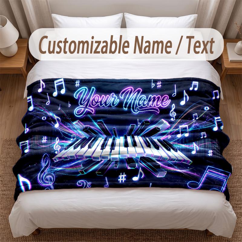 Music Piano Theme Soft Blanket Personalized Custom Name Text Print Warm Blanket Home Sofa Bedroom Decor