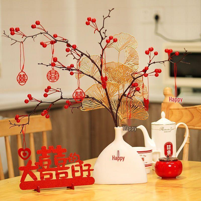 Red Fruit Prosperity Flower Arrangement Figurine for Wedding and Living Room Decor