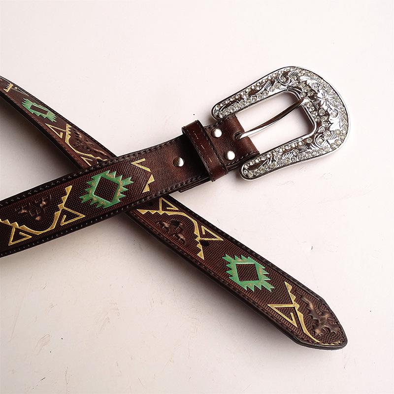 Leather Belt Navajo Totem Oil Paint Relief Shiny Niche Rhinestone Inlaid Removable Button Head