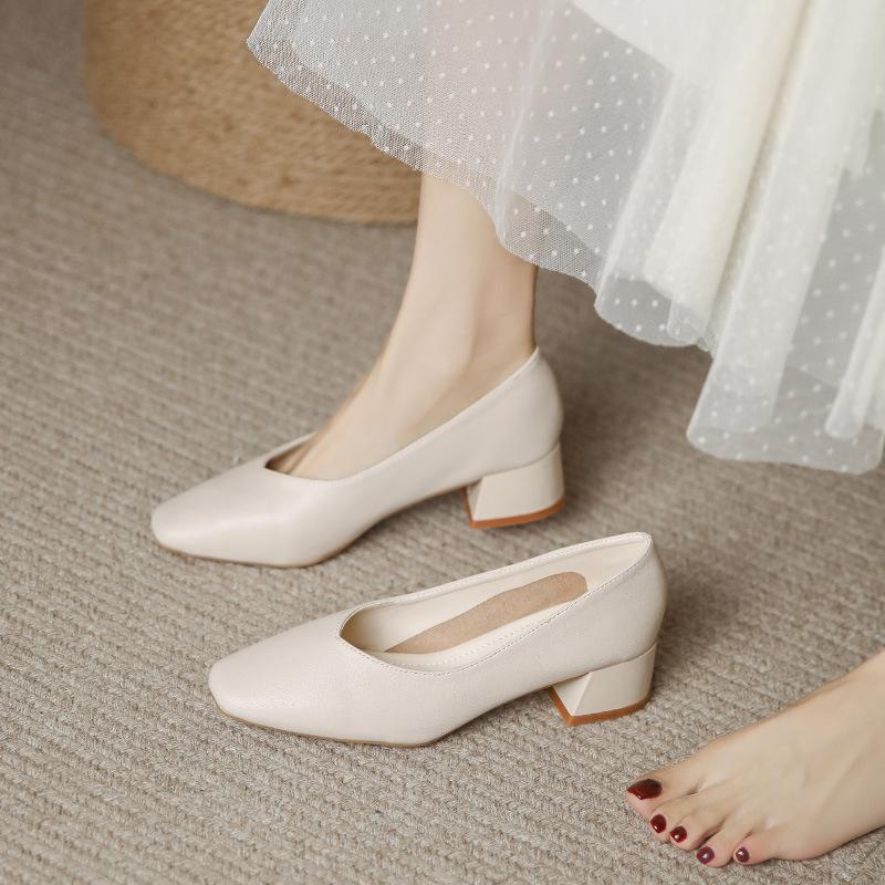 Woman Elegant Summer French Square Toe High Heels Mary Janes Female Retro Casual Shoes Low Heeled Soft Soled Ladies Shoes