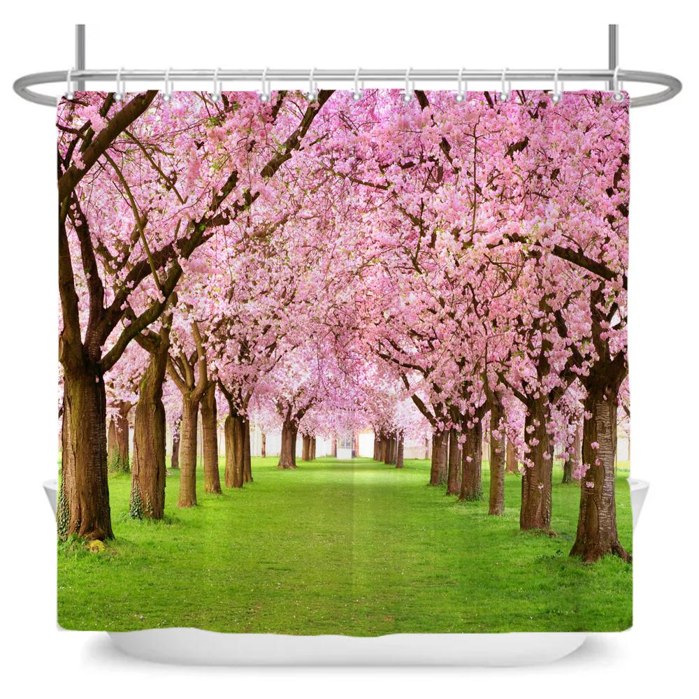 Rural Flowers Scenery Shower Curtain Dreamlike Blooming Flowers Tree Home Bathtub Decor Waterproof Polyester Bathroom Curtains