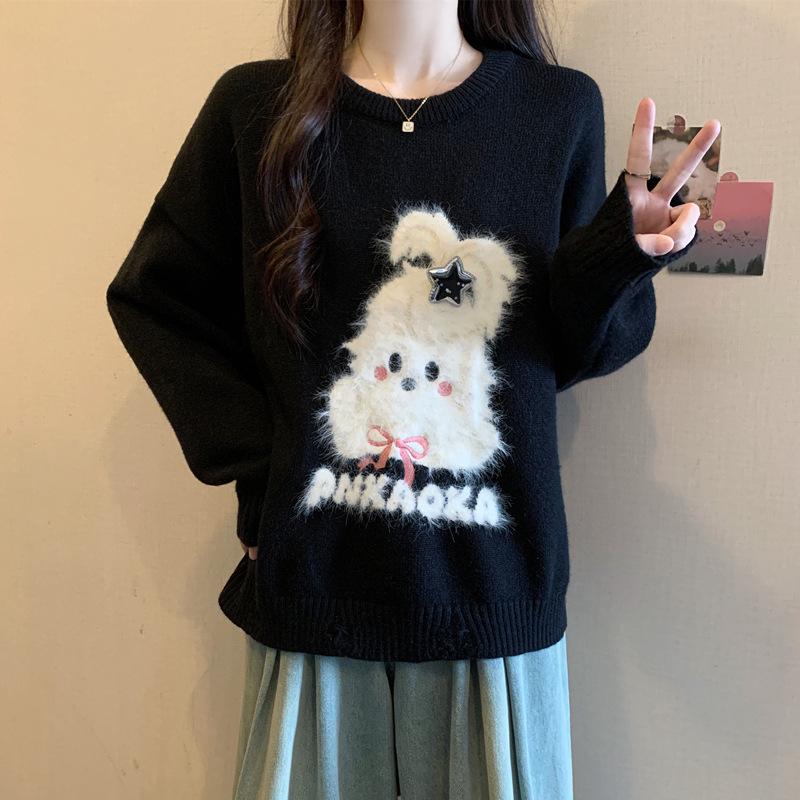 

Plus Size Women s Cartoon Style Round Neck Sweater - Loose Knit Autumn/Winter Top 3XL чорний