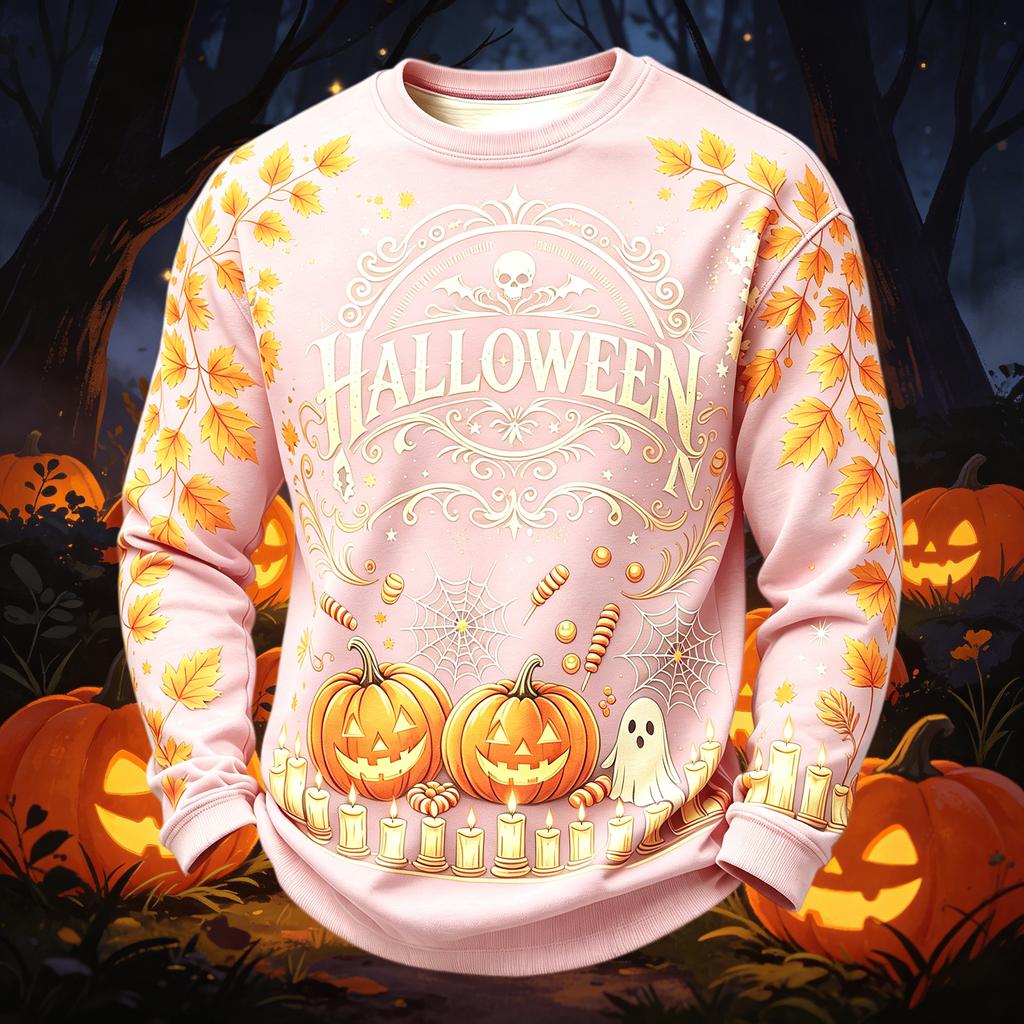 Men's Casual Round Neck Long Sleeve Top with Halloween Print
