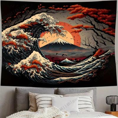 Oriental Seascape Wall Decor Japanese Ukiyoe Wave Tapestry Headboard Aesthetic Room Decoration Background Cloth Room Decorating