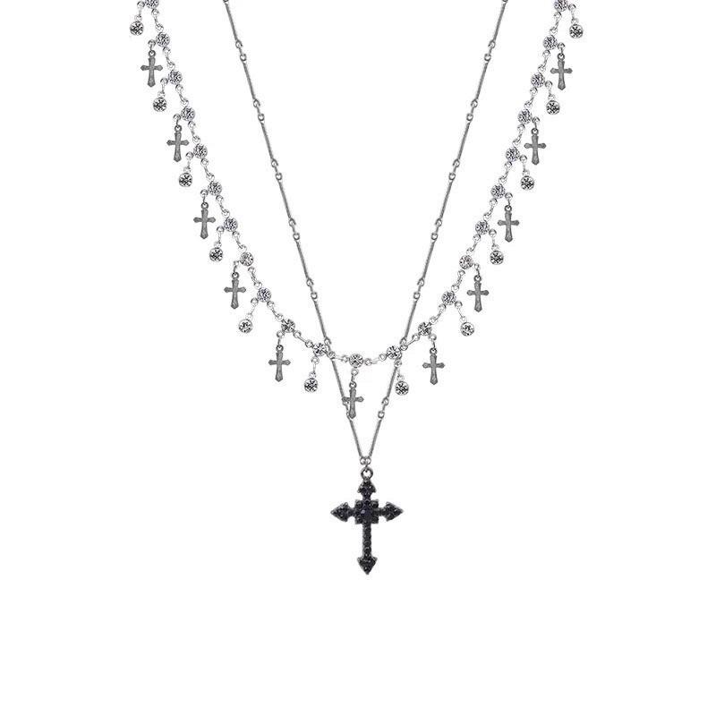 Elegant Diamond Cross Pendant Necklace - Trendy Multi-Layered Clavicle Chain for Women