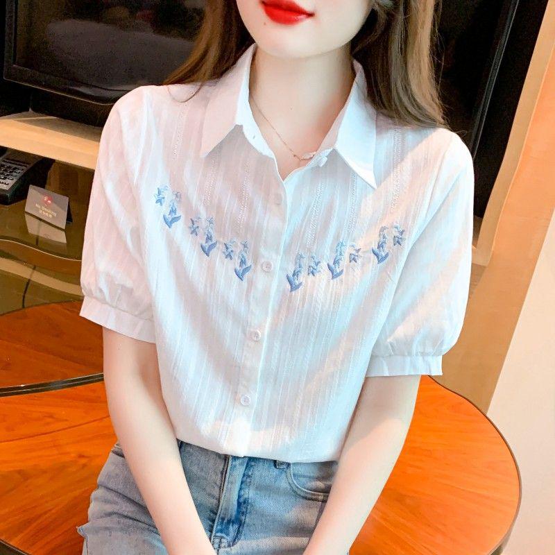 Cămașă de damă la modă din bumbac pur brodată cu mânecă scurtă - Vara 2024