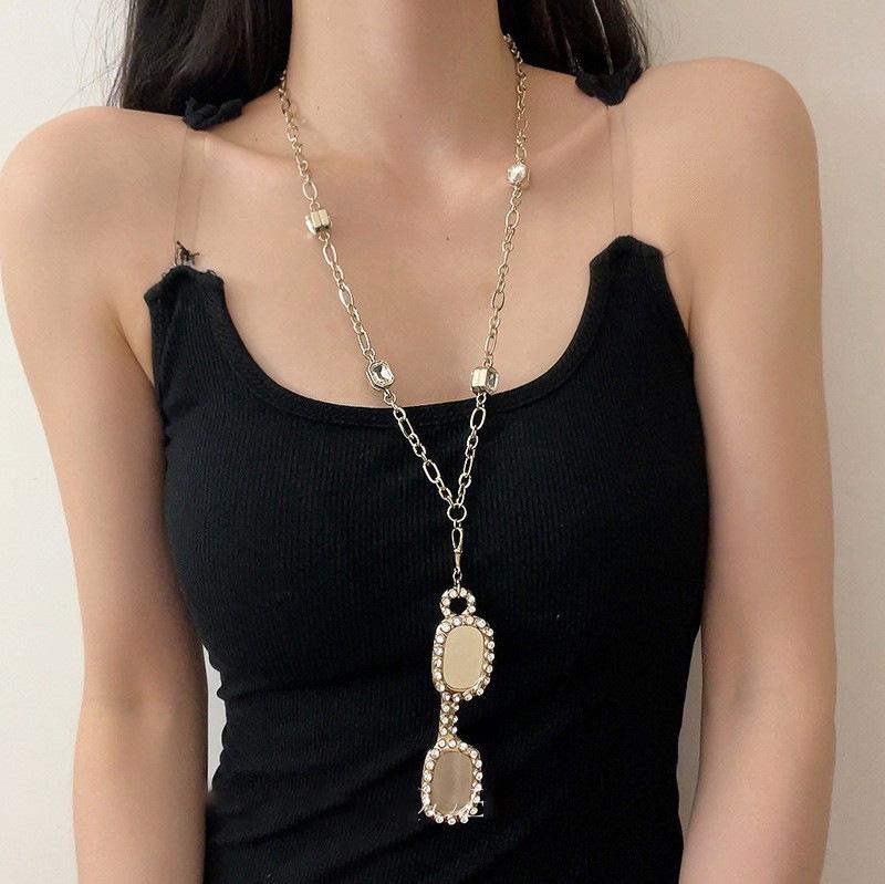 Casual Versatile Zircon Square Glasses Pendant Necklace Accessories Women's Sweater Chain Exaggerated Necklace Women's